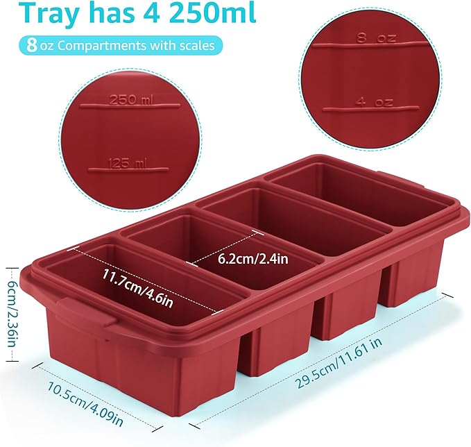Ztomine Silicone Freezer Tray With Lid - Silicone Freezer Food Molds- Large Ice Cube Tray,Silicone Freezer Container,Freeze & Store Soup, Sauce, Broth,Leftovers - Makes 4 Perfect 1 Cup - Image 7