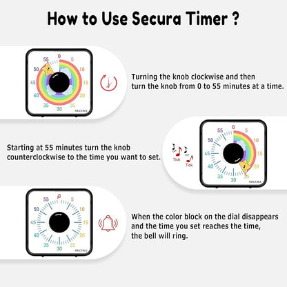 Secura 60-Minute Visual Timer, 7.5 Inch Magnetic Rainbow Countdown Timer for Classroom or Kitchen, Durable Mechanical Timer Clock with Magnetic Backing (Black & Star)
