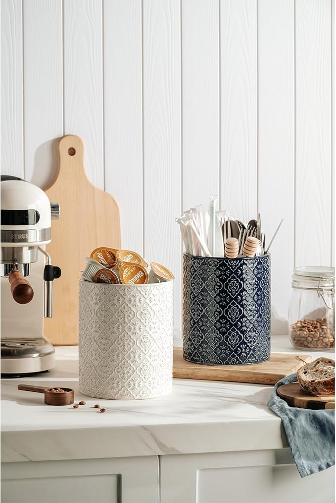 Kitchen Utensil Holder, 6x7 inch Large Ceramic Utensil Holder with Embossed Pattern, Cooking Utensil Crocks for Kitchen Countertop, Home Decor, Blue - Image 2