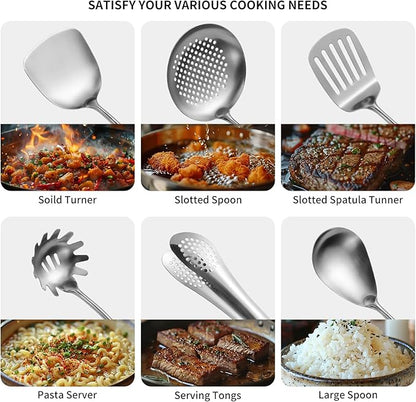 304 Stainlss Steel Kitchen Utensils Set, 11 Pcs Long Metal Cooking Utensil Gadgets Tools Set with Spatula, Ladle, Spoon, Ladle, Skimmer, Tunner, Pasta Server, Tongs(Silver, Dishwasher Safe) - Image 3