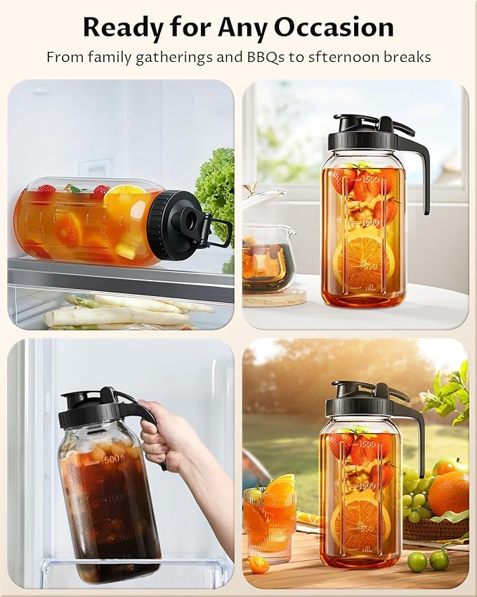 64 oz Mason Jar Pitcher – Airtight & Leakproof Glass Pitcher with Lid, Perfect for Iced Tae, Sun Tea, Cold Brew, Breastmilk, 2 Quart (1/2 Gallon) Mason Jar with Pour Spout Lid Flip-Cap & Handle - Image 7