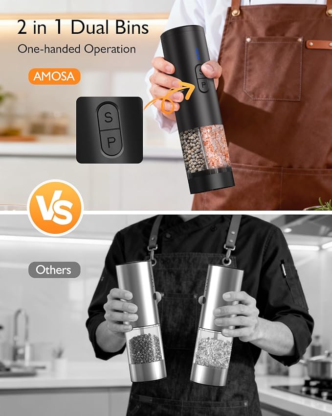 Electric Salt and Pepper Grinder Set, 2 in 1 Dual Bins USB Rechargeable Refillable Automatic Salt and Pepper Mill Shaker with LED Light, Dual Ceramic Grinder Adjustable Coarseness, kitchen gift, Black - Image 4