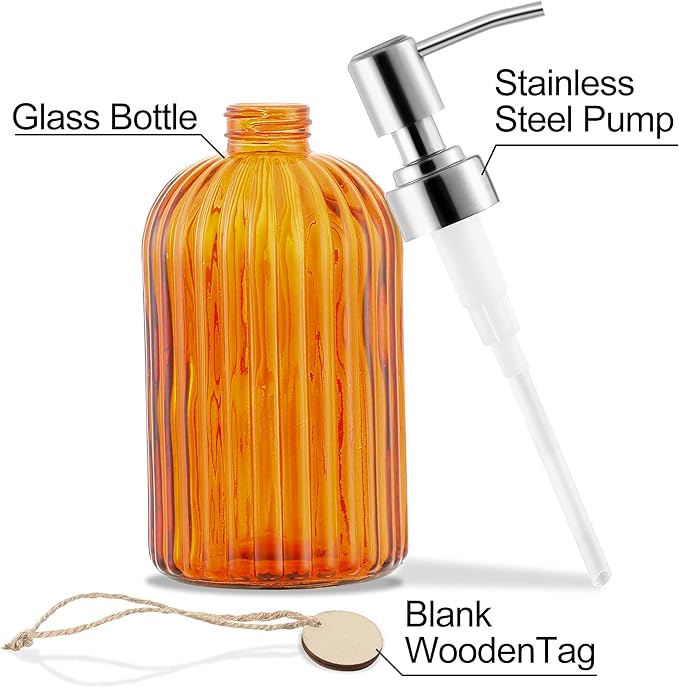 MOCLIF 16 OZ Soap Dispenser，Tempered Glass Clear Vertical Stripe with 304 Rust Proof Stainless Steel Pump Refillable Liquid Hand Soap Dispenser，for Bathroom, Kitchen, Dish Soap，Lotion (Orange) - Image 3