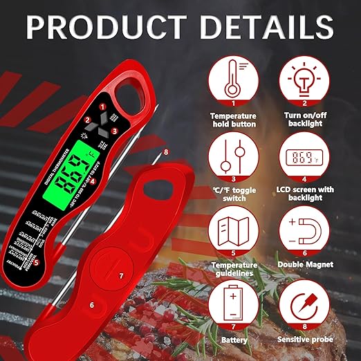 Meat Thermometer Digital，IP67 Waterproof Cooking Thermometer with Backlight, Calibration & Hold Function，Food Thermometer for Cooking,Outdoor Grilling - Image 3