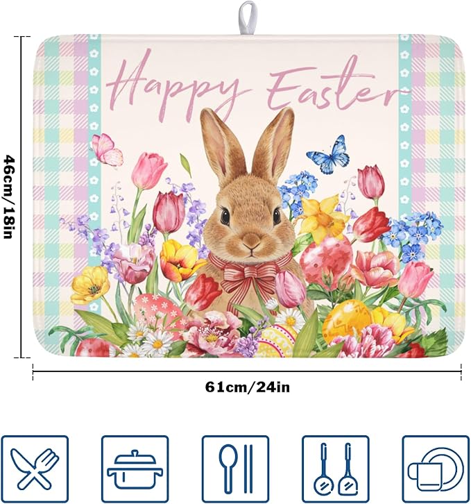Easter Bunny Dish Drying Mat for Kitchen Counter Happy Easter Rabbit Floral Colorful Buffalo Plaid Microfiber Dish Drainer Mat Absorbent Washable Drying Pad Extra Large 18"x24"