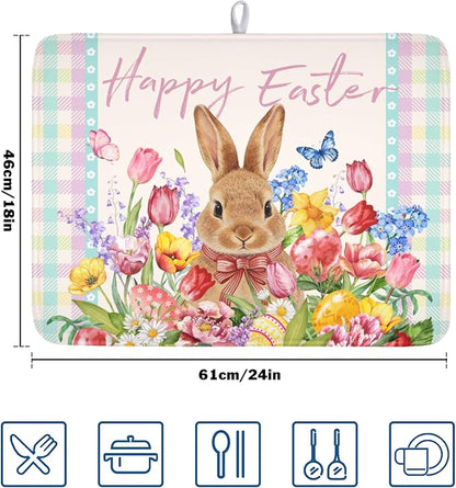 Easter Bunny Dish Drying Mat for Kitchen Counter Happy Easter Rabbit Floral Colorful Buffalo Plaid Microfiber Dish Drainer Mat Absorbent Washable Drying Pad Extra Large 18"x24"
