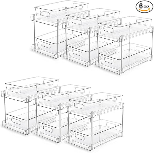 Vtopmart 6 Pack Bathroom Organizer, 2 Tier Clear Under Sink Organizers Vanity Countertop Storage Container,Cabinet Drawers Bins, Pull-Out Organization with Track for Pantry, Kitchen by Vtopmart