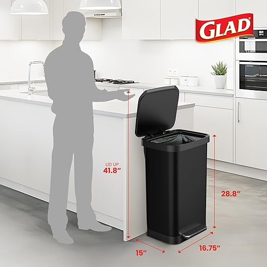 Glad Stainless Steel Step Trash Can, Series 2 with Clorox Protection - Large Black Kitchen Garbage Bin with Soft Close Lid, Foot Pedal and Waste Bag Roll Holder, 20 Gallon - Image 2