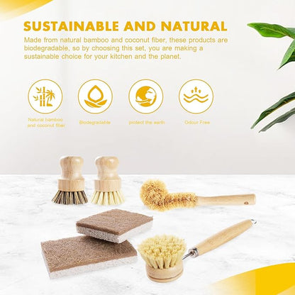 DEBETOOL 6 Piece Bamboo Dish Brush Set with Coconut Sponge - Wooden Dish Brush with Sisal and Palm Fiber, Natural Bamboo Dish Scrub Brush for Kitchen Cleaning Dishes, Pots, Pans, Bottles, Vegetables - Image 7