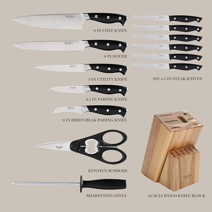 Martha Stewart Greeley 14 pc Triple- Riveted Cutlery Knife Acacia Wood Block Set w/Comfort Grip Handles- Black - Image 3
