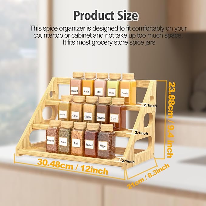 Spice Rack - Tiered Spice Rack Organization for Cabinet - 3 Tier Bamboo Display Spice Shelf for Countertop - Image 5