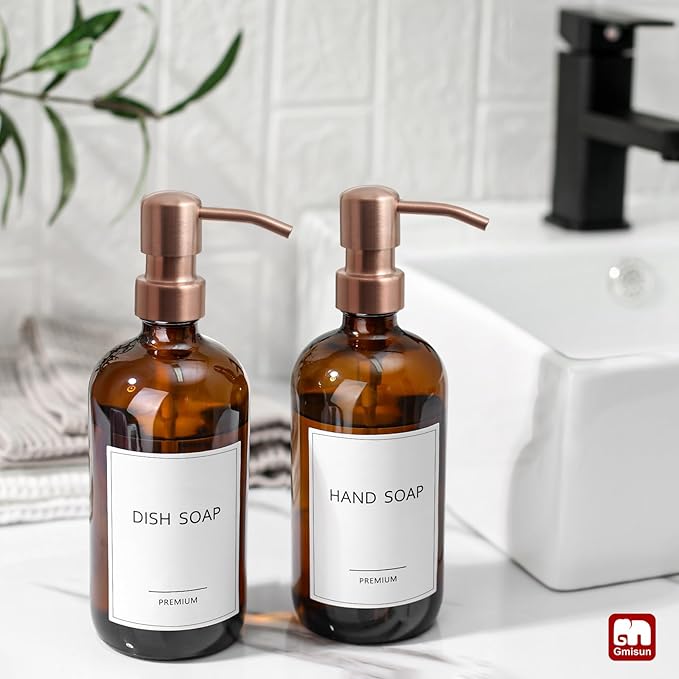 GMISUN Amber Glass Soap Dispenser, 2 Pack Bathroom Hand Soap Dispensers with Rose Gold Pump, 17 Fl Oz Kitchen Hand and Dish Soap Dispenser Set, Modern Vintage Liquid Brown Soap Dispensers Bottle - Image 4