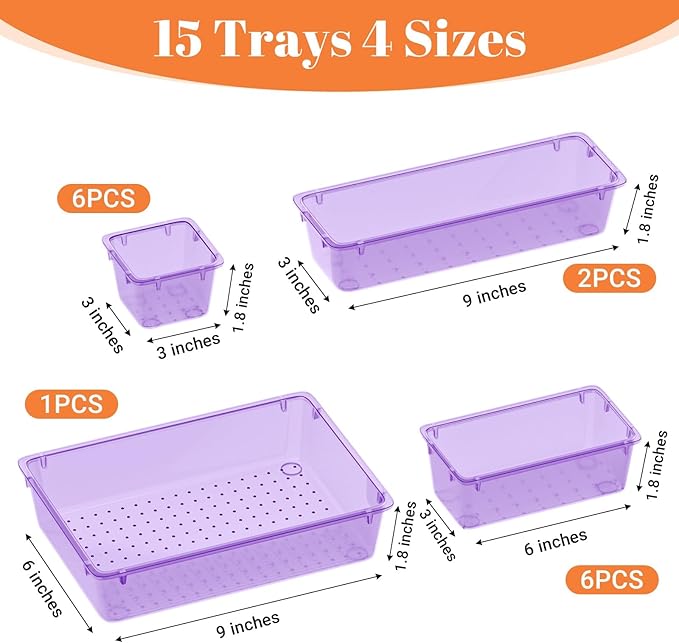 SpaceHacks 15 PCS Clear Plastic Drawer Organizer Set, 4-Size Acrylic Drawer Storage Trays, Storage Bins for Makeup, Gadgets, and Jewelry in Bathroom, Bedroom and Office, Clear Purple - Image 3
