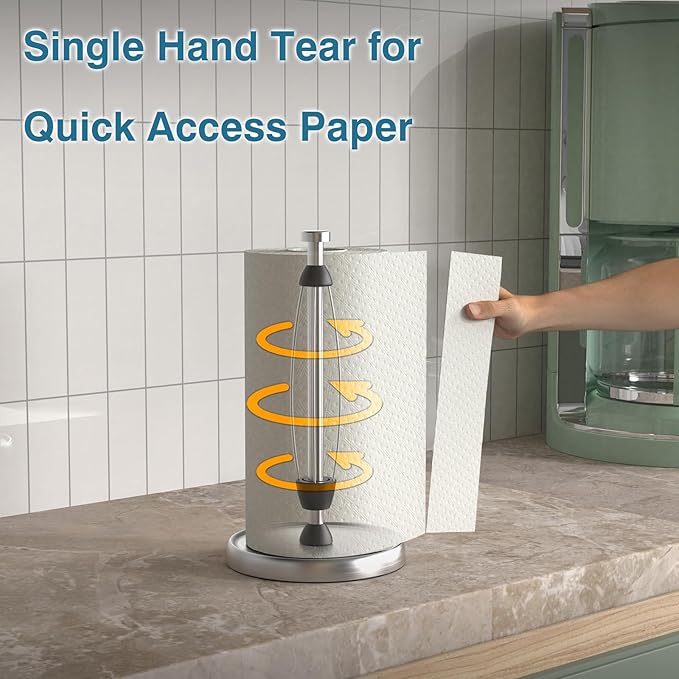 Paper Towel Holder Countertop, One-Handed Tear, Stainless Steel, Weighted Base, Silver, Paper Towel Roll Holder Stand with Ratchet Mechanism for Kitchen Bathroom Farmhouse Essentials Decor Accessories - Image 3