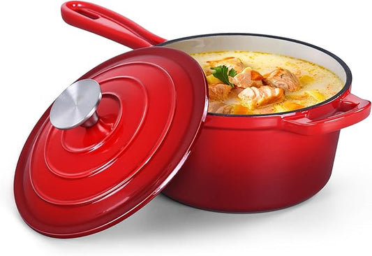 HaSteeL 3 QT Cast Iron Saucepan, Enamel dutch oven with lid, Small Non Stick Pan for Milk, Pasta Tomato Sauce, Butter, Breakfast, Soup, Suitable for Boiling Stewing Frying, Easy to Clean, Red