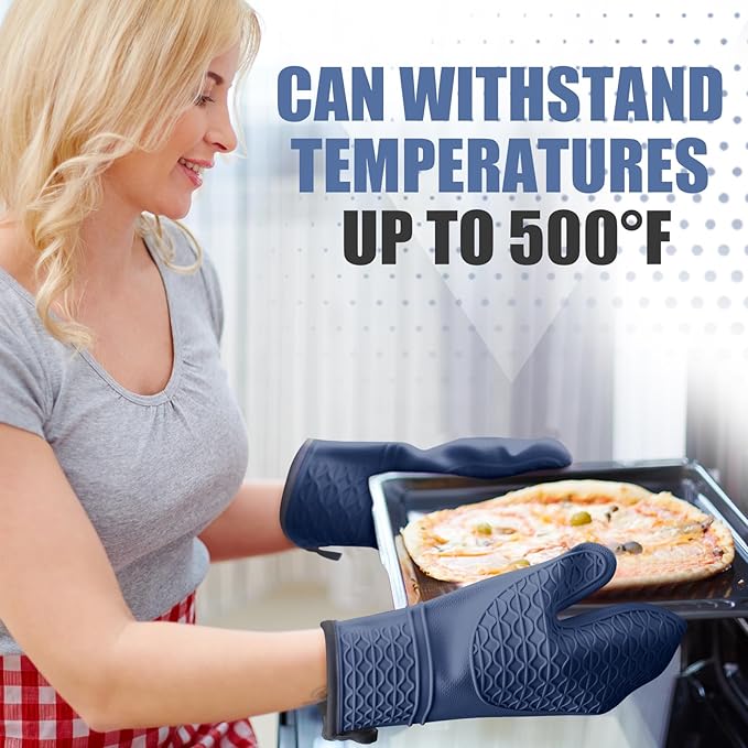 Silicone Oven Mitts, Heat Resistant 2PCS Oven Mitts with Soft Cotton Lining, Waterproof Non-Slip Grip Oven Glove, Kitchen Potholder Mits for BBQ, Baking, Cooking, 12.5 Inch - Dark Blue - Image 7