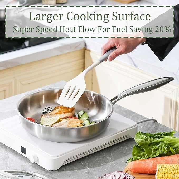DELARLO Stainless Steel Pan 10.3Inch, Tri-ply Stainless Steel Frying Pan with Lid, Heavy Duty, Compatible with All Cooktop, up to 650℉, Fast & Even Heating, PTFE & PFOA Free, Oven Safe Skillet
