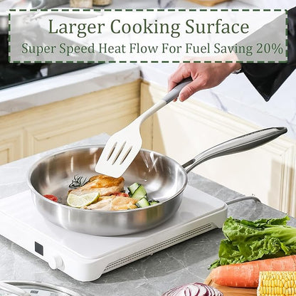 DELARLO Stainless Steel Pan 10.3Inch, Tri-ply Stainless Steel Frying Pan with Lid, Heavy Duty, Compatible with All Cooktop, up to 650℉, Fast & Even Heating, PTFE & PFOA Free, Oven Safe Skillet