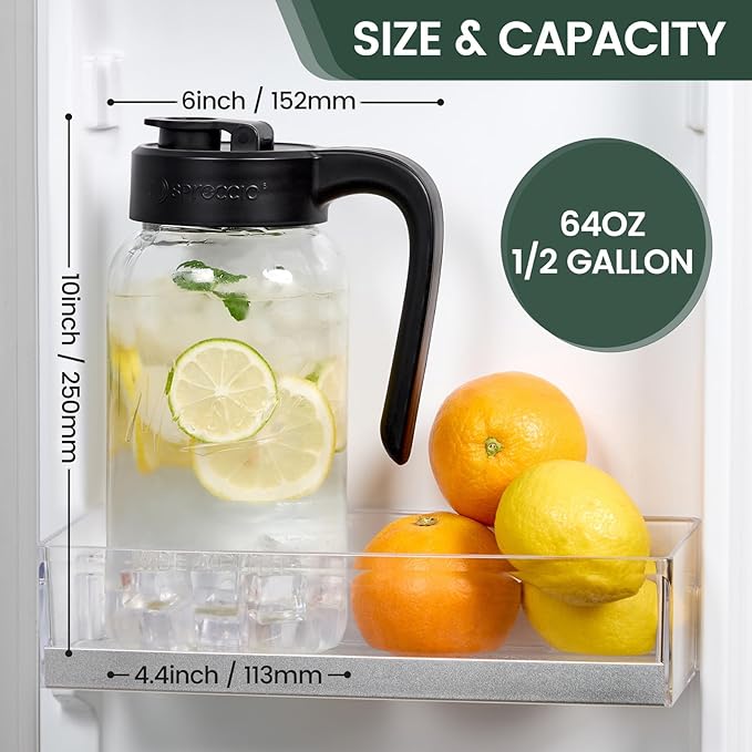 Mason Jar Pitcher - Airtight & Leakproof Glass Pitcher with Lid, Perfect for Breastmilk, Cold Brew, and Sun Tea, 2 Quart (64 oz) Mason Jar with Pour Spout Lid - Image 2