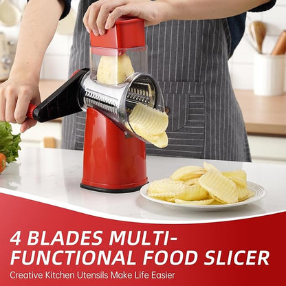 Rotary Cheese Grater with 4 Blades, Hand Crank Cheese Grater with Waffle Slicer, Red, Black and White Cheese Shredder with Suction Base, Easier for Shredding & Grating (Red)