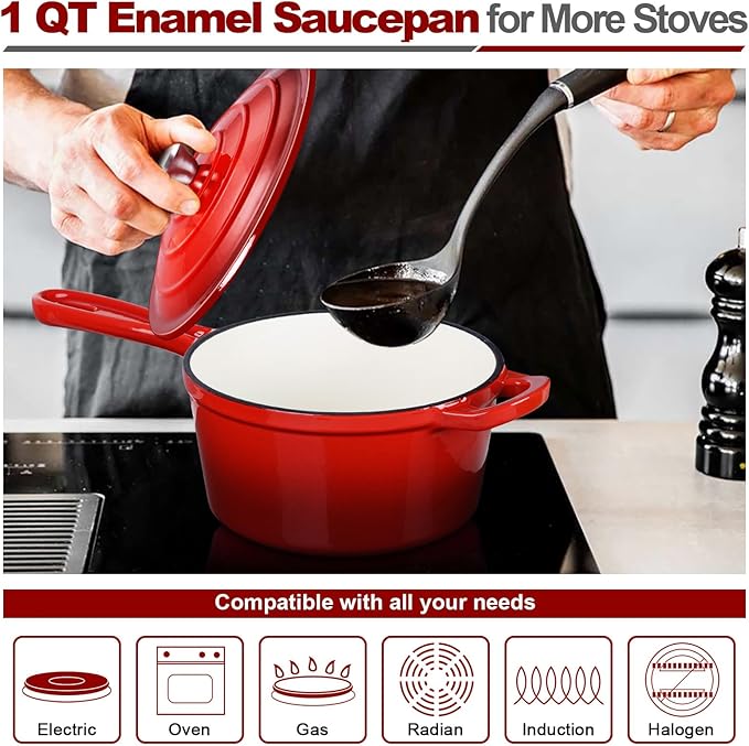 HaSteeL 1 QT Cast Iron Saucepan, Mini Enamel dutch oven with lid, Small Non Stick Pan for Milk, Pasta Tomato Sauce, Butter, Breakfast, Soup, Suitable for Boiling Stewing Frying, Easy to Clean, Red