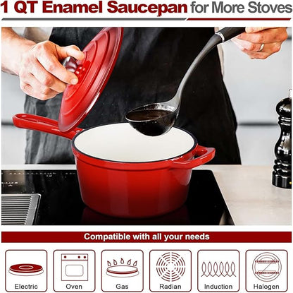 HaSteeL 1 QT Cast Iron Saucepan, Mini Enamel dutch oven with lid, Small Non Stick Pan for Milk, Pasta Tomato Sauce, Butter, Breakfast, Soup, Suitable for Boiling Stewing Frying, Easy to Clean, Red