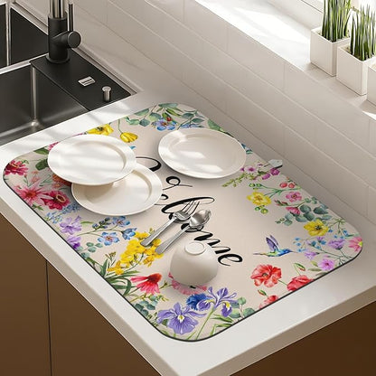 Dish Drying Mat Drainer Pads - Extra Large Microfiber Drying Mats for Dishes Spring Summer Flower Kitchen Counter Super Absorbent Pads for Draining Racks (18"x24" )