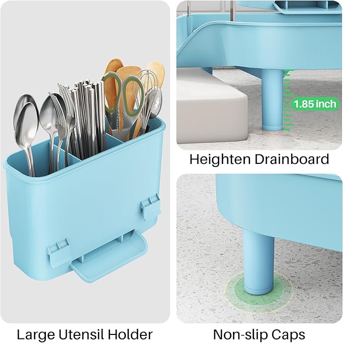SAYZH Dish Drying Rack - Expandable Dish Rack for Kitchen Counter, Rust-Resistant Dish Drainer with Utensil Holder and Raised Guardrail, Kitchen Organizer for Cup and Bottle (Blue) - Image 8