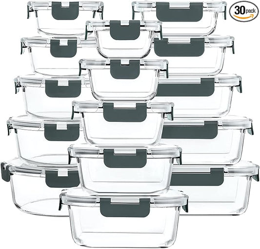 M MCIRCO 30 Pieces Glass Food Storage Containers with Snap Locking Lids,Glass Meal Prep Containers Set - Airtight Lunch Containers, Microwave, Oven, Freezer and Dishwasher by MMCIRCO