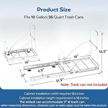 Pull Out Trash Can Under Cabinet & Under Sink - Heavy Duty Sliding Adjustable Cabinet Garbage Can Organizer, Requires Minimum Cabinets Opening 13" W X 18" D,Chrome Finish (Waste Bin Not Included)