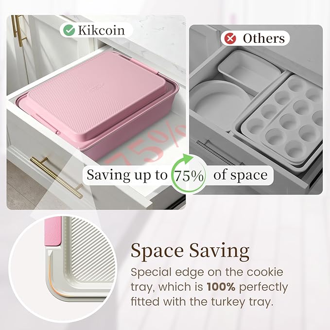 Kikcoin 25 PCS Stackable Baking Pans Set, Non-stick Bakeware Sets with Silicone Handles, 450°F Oven Safe Cookie Sheets for Baking, Easy Release Heavy-duty Baking Sheets Non Stick, Pink - Image 3