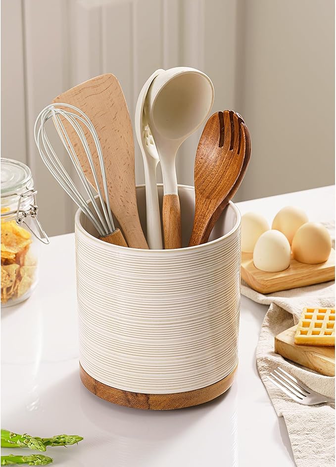 Utensil Holder, 360° Rotating Extra Large Ceramic Kitchen Utensil Holder for Countertop, 7.3“ Cooking Utensil Crocks for Kitchen Counter with Rotatable Wooden Base, Farmhouse Decor, Arctic White - Image 3