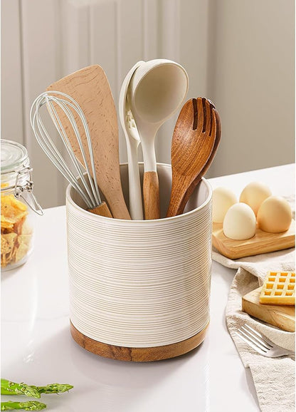 Utensil Holder, 360° Rotating Extra Large Ceramic Kitchen Utensil Holder for Countertop, 7.3“ Cooking Utensil Crocks for Kitchen Counter with Rotatable Wooden Base, Farmhouse Decor, Arctic White - Image 3