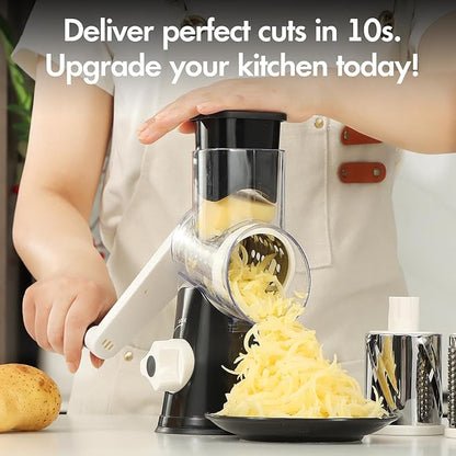 Cheese Grater Hand Crank, Rotary Vegetable Shredder with Handle and Strong Suction base, 3 in 1 Kitchen Speed Spin Veggie Slicer Nut Grinder for Pizza Top, Hash brown, Salad and More (Black) - Image 7