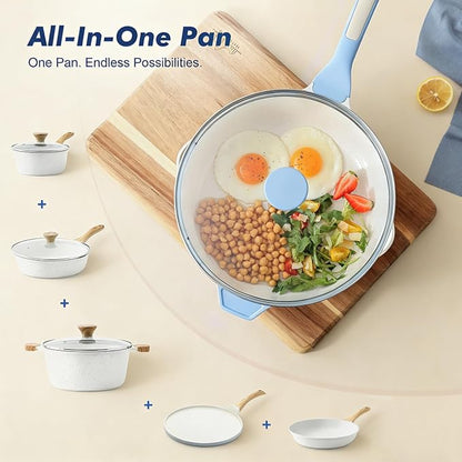 SENSARTE Nonstick Ceramic Skillet with Lid 12-inch, 5QT Non Toxic Deep Frying Pan, Saute Pan with Lid, Stay-cool Handle, Healthy Cooking Pot, Induction Compatible, Blue - Image 5