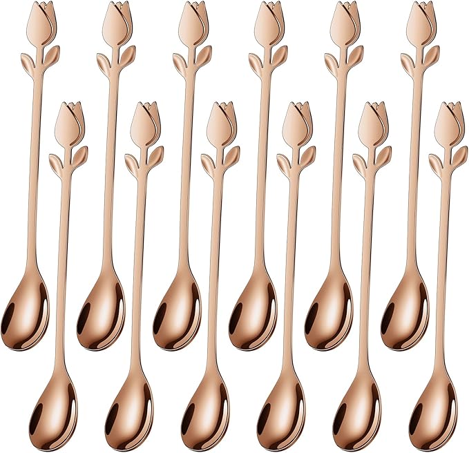 Rose Gold Tulip/Rose Handle 12-Pcs Mini Coffee Spoons Set - 6" Stainless Steel for Espresso, Tea, Dessert - Ideal for Demitasse & Small Servings by SGvrPvz