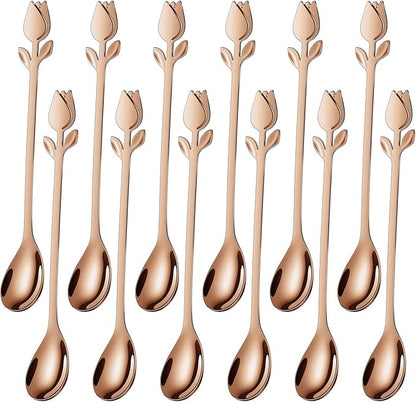 Rose Gold Tulip/Rose Handle 12-Pcs Mini Coffee Spoons Set - 6" Stainless Steel for Espresso, Tea, Dessert - Ideal for Demitasse & Small Servings by SGvrPvz
