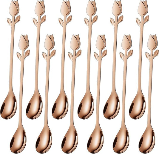 Rose Gold Tulip/Rose Handle 12-Pcs Mini Coffee Spoons Set - 6" Stainless Steel for Espresso, Tea, Dessert - Ideal for Demitasse & Small Servings by SGvrPvz