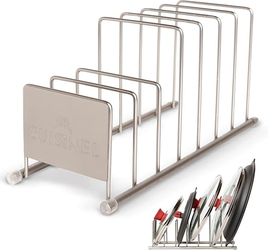 Cuisinel Lid and Dish Organizer Rack - Satin Nickel Silver Kitchen Storage Organization Stand - Plate Holder, Pan/Pot Covers, Cutting Board and Cookie Sheet Divider - 7-Tier Cabinet/Counter Display by Cuisinel