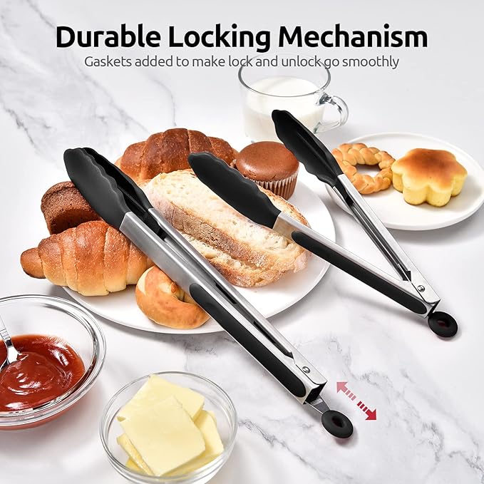 600ºF Heat Resistant Kitchen Tongs: U-Taste 9+12 inch Silicone Cooking Tong Set with Firm Sealed Non Stick Rubber Tips and Silicon Coated 18/8 Stainless Steel Handle for Serving Grilling Salad (Black) - Image 7