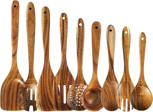 Wooden Spoons for Cooking – 9 Pc Teak Wood Utensil Set, Durable, Nonstick Safe & Heat Resistant with Ergonomic Handles - Unique Kitchen Gifts for Women Men, Cooking Gifts for Men Women