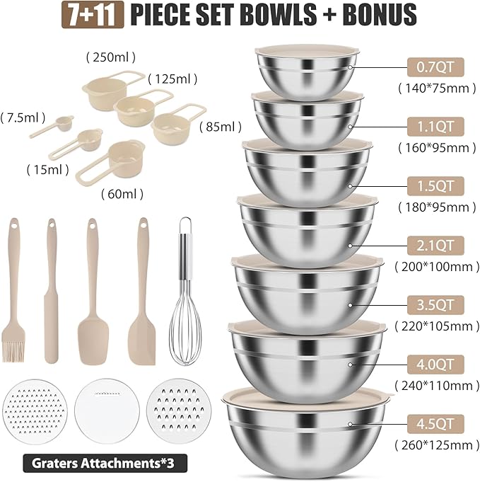 ENVTEK 7-Piece Stainless Steel Mixing Bowls Set with Lids & 3 Grater Attachments – Size 4.5, 4, 3.5, 2.1, 1.5, 1.1, 0.7QT, Kitchen Gadgets Set for Cooking, Baking, and Serving, Khaki - Image 3