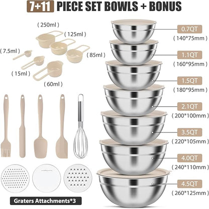 ENVTEK 7-Piece Stainless Steel Mixing Bowls Set with Lids & 3 Grater Attachments – Size 4.5, 4, 3.5, 2.1, 1.5, 1.1, 0.7QT, Kitchen Gadgets Set for Cooking, Baking, and Serving, Khaki - Image 3