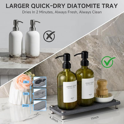 2 Pack Kitchen Soap Dispenser Set - 16oz Green Glass Dish and Hand Soap Dispenser with Stainless Steel Pump, Instant Dry Tray, Dish Brush & Holder, Refillable Countertop Sink Decor for Kitchen & Bath - Image 2