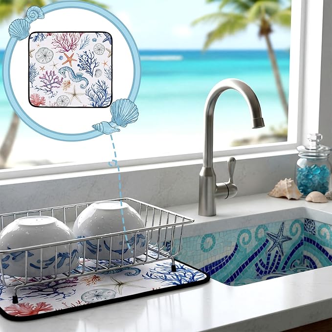 Breling Summer Dish Drying Mat Beach Kitchen Dry Mat 16 x 18 Inch Seahorse Blue Coral Table Dishes Pad Microfiber Absorbent Drying Reusable Washable Pad Kitchen Accessories for Home Decor