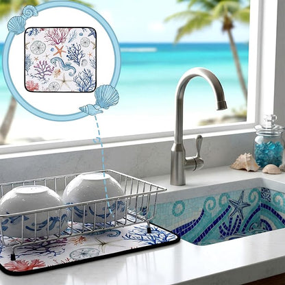 Breling Summer Dish Drying Mat Beach Kitchen Dry Mat 16 x 18 Inch Seahorse Blue Coral Table Dishes Pad Microfiber Absorbent Drying Reusable Washable Pad Kitchen Accessories for Home Decor