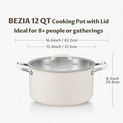 12 Quart Nonstick Stock Pot with Lid, BEZIA Fully-Clad 3-Ply Stainless Steel Pots, Induction Soup Pot with Lid, Kitchen Cooking Pots with Silicone Handle, for All Cooktops, Free of PTFE/PFOA/PFOS