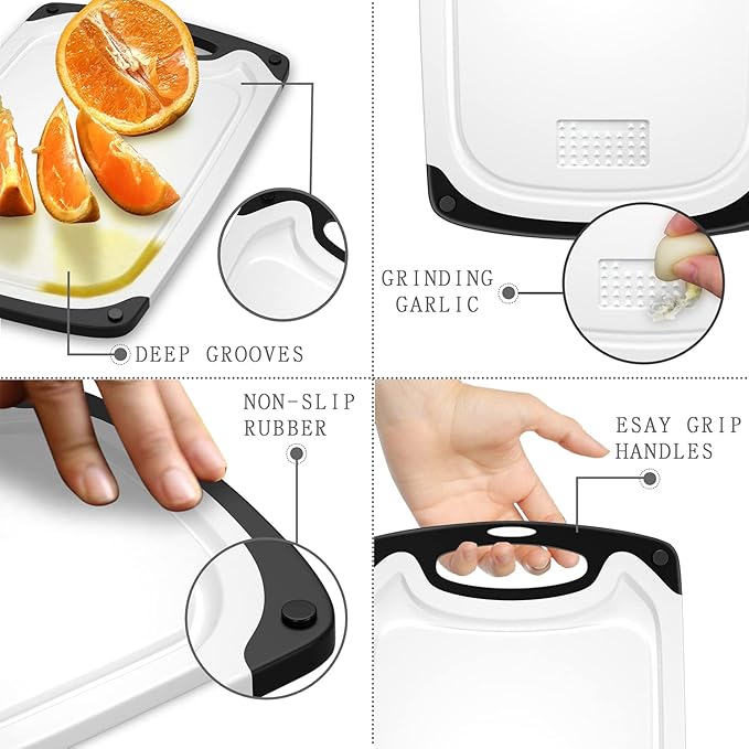 Plastic Cutting Board, 3 Pieces Dishwasher Safe Cutting Boards with Juice Grooves, Easy Grip Handle, Non-Slip, with Grinding Area for Grinding Garlic and Ginger（White） - Image 4
