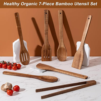 Eisinly Wooden Spoons for Cooking 7-Piece, Kitchen Nonstick Wood Cooking Utensils Set, Durability Wooden Spatula Spoon for Everyday Use, Brown - Image 3