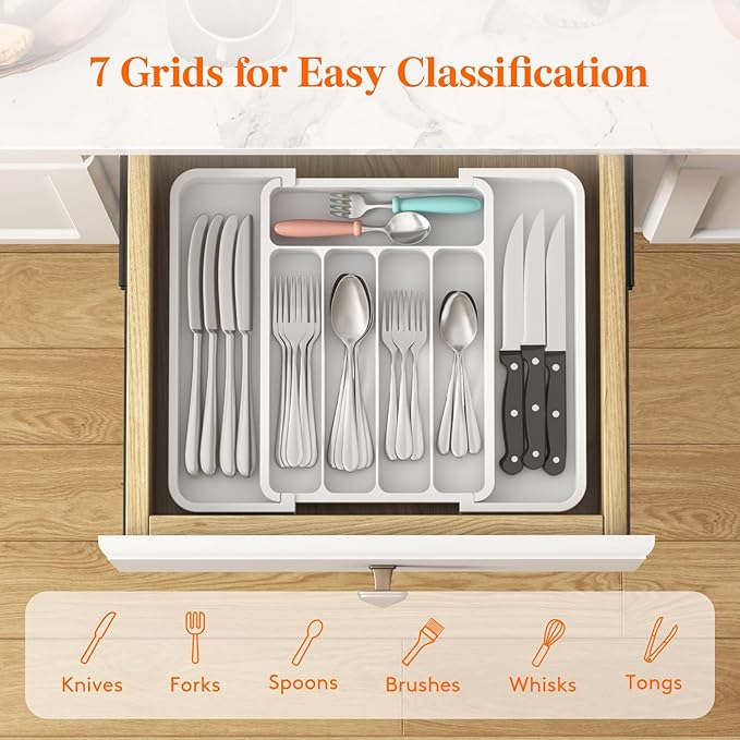 Lifewit Silverware Drawer Organizer, Expandable Utensil Tray for Kitchen, BPA Free Flatware and Cutlery Holder, Adjustable Plastic Storage for Spoons Forks Knives, 8.9-14.7 x 12.2", White - Image 3